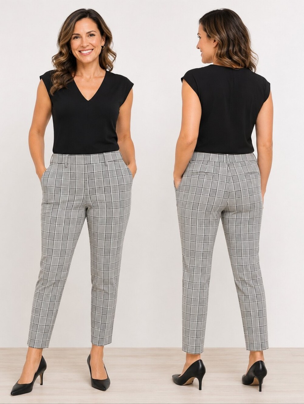 Talbots Hampshire Ankle Pants Size 10 Black White Gray Plaid Stretch Workwear Pr